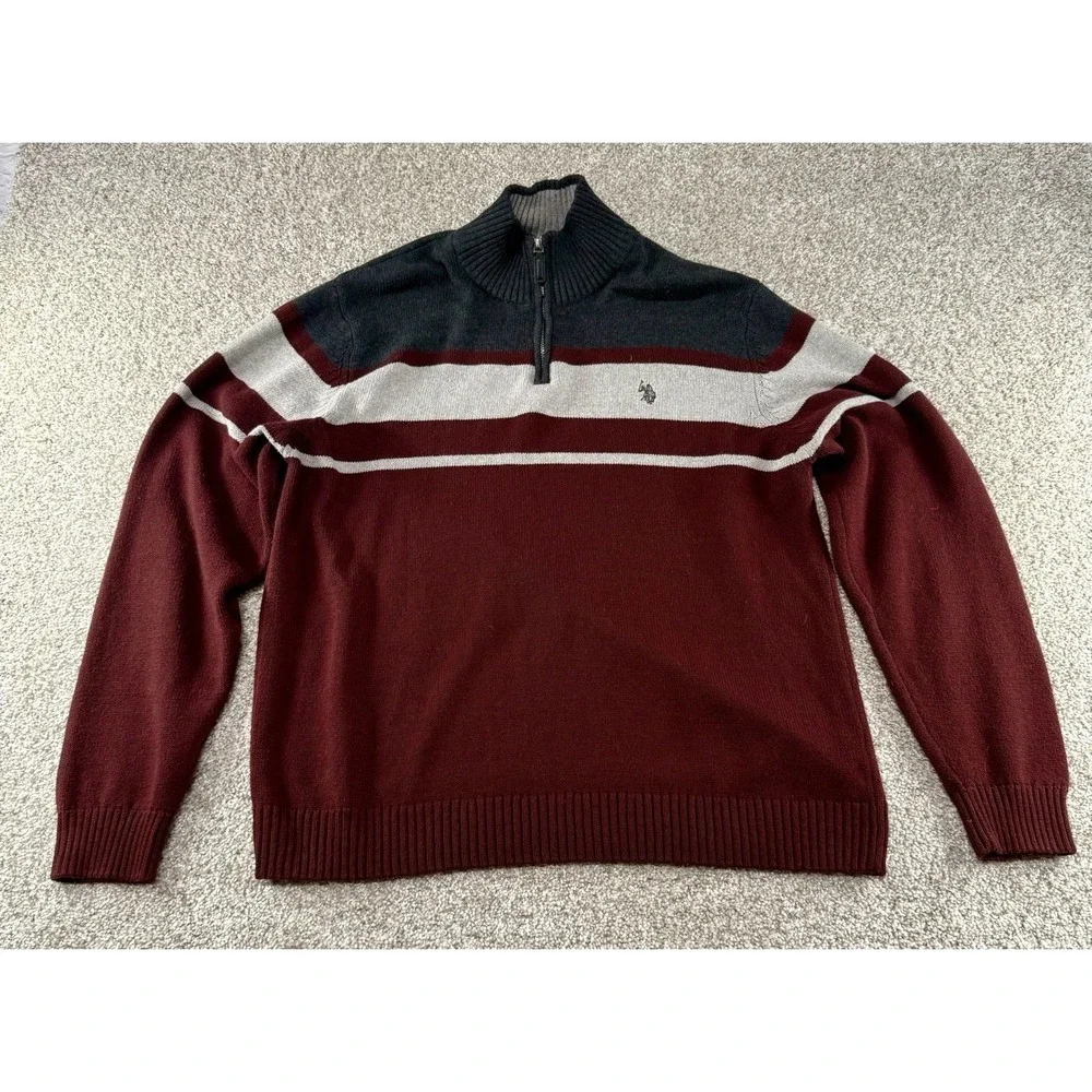 Vintage Polo Ralph Lauren Quarter Zip Sweater Burgundy Gray Stripe Men's Size L